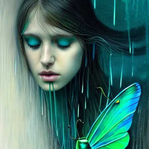 Prompt: girl in rain with wet hair and face, teal luna moth wing, fantasy, intricate, elegant, dramatic lighting, emotionally evoking symbolic metaphor, highly detailed, lifelike, photorealistic, digital painting, artstation, concept art, smooth, sharp focus, illustration, art by John Collier and Albert Aublet and Krenz Cushart and Artem Demura and Alphonse Mucha
