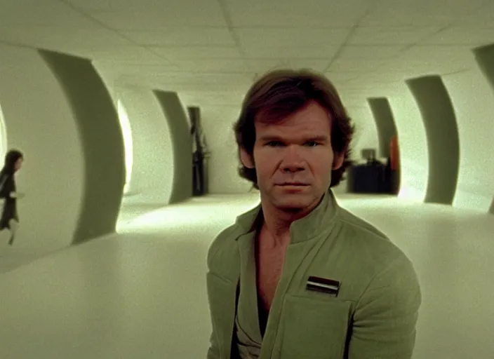 Image similar to screenshot of portrait Han Solo standing in an surreal light green 70s round minimalist architecture, iconic scene from 1970s film by Stanley Kubrick, the lost Star Wars Film, moody hazy lighting, stunning cinematography, hyper-detailed, crisp, anamorphic lenses, kodak color film stock, 4k, very detailed, hyper real render