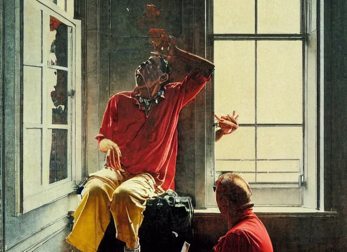 Image similar to a laughing man sitting by the window, a slim woman in the background, norman rockwell