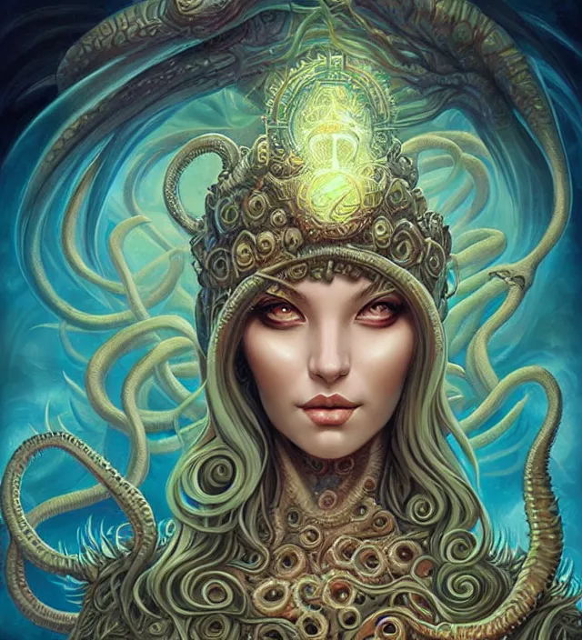 Prompt: eldritch horror goddess, cthulhu, cosmic, trending on artstation, portrait, tarot card, digital art by artgerm and karol bak