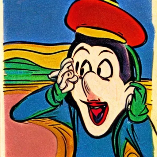 Image similar to a cartoon adaptation of the scream of munch by walt disney in the style of pinocchio