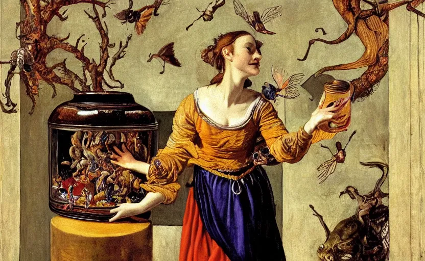 Prompt: a painting of pandora opening her jar, releasing monsters and critters that impersonate sickness and death, misery, she is fully dressed she is wearing robes in the style of realism and a masterpiece by artemisia gentileschi, critters flying around