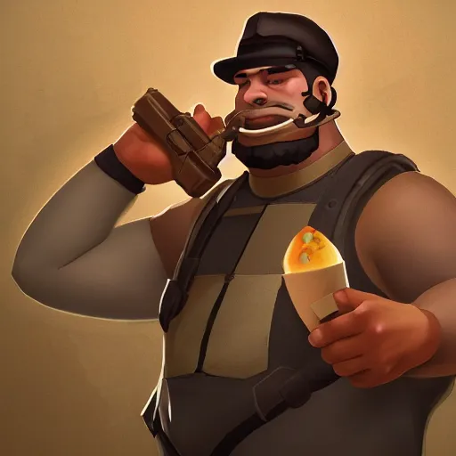 Image similar to the heavy from team fortress 2 eating a sandwhich, au naturel, hyper detailed, digital art, trending in artstation, cinematic lighting, studio quality, smooth render, unreal engine 5 rendered, octane rendered, art style by klimt and nixeu and ian sprigger and wlop and krenz cushart