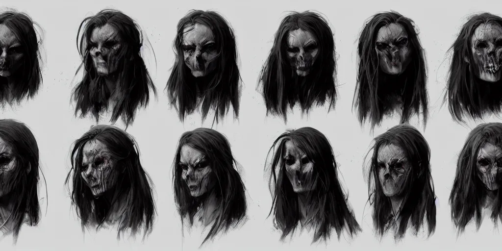 Prompt: gothic ghost character face detail designs, Greg Rutkowski, character sheet, kim jung gi, Darek Zabrocki, Karlkka, Jayison Devadas, Phuoc Quan, trending on Artstation, 8K, ultra wide angle, pincushion lens effect