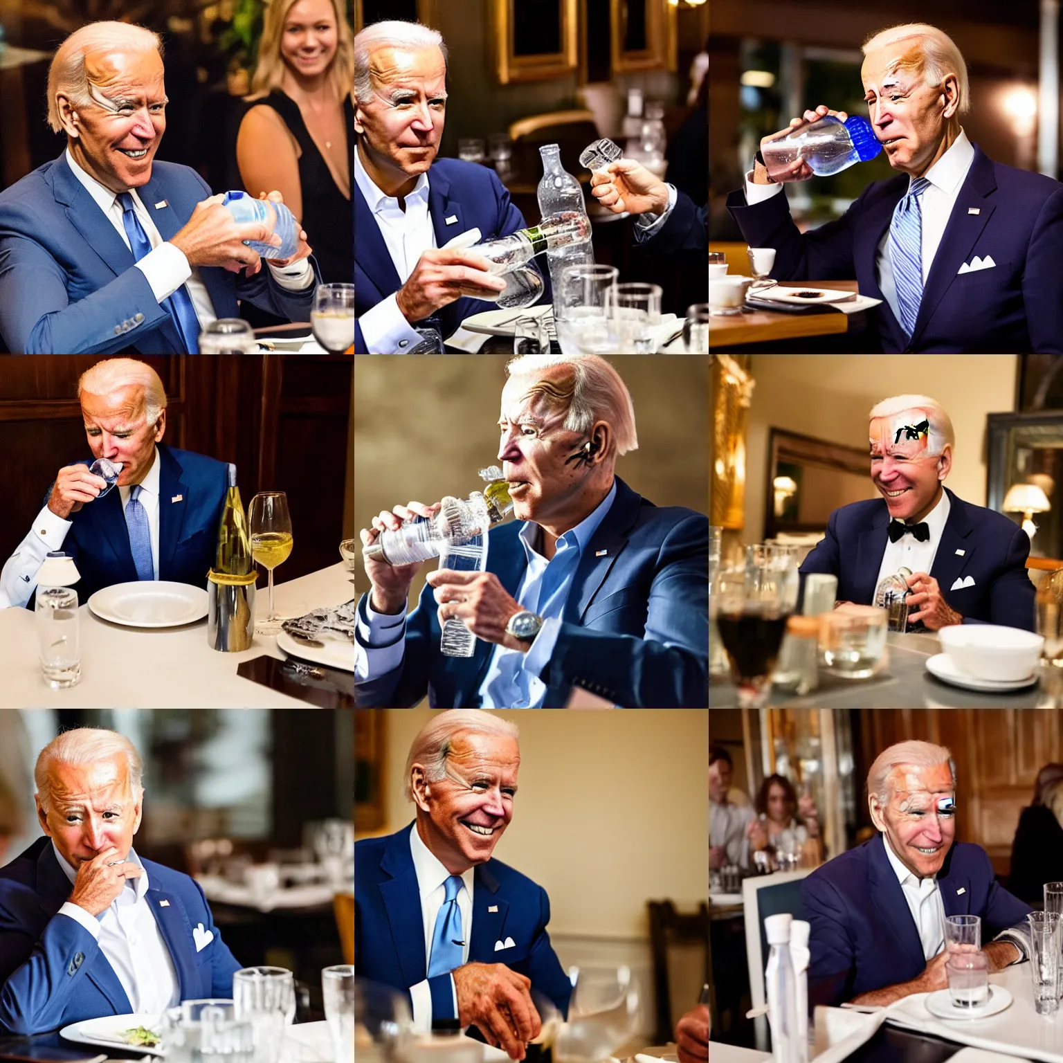 Prompt: Joe Biden drinking out of a water bottle in an fancy restaurant