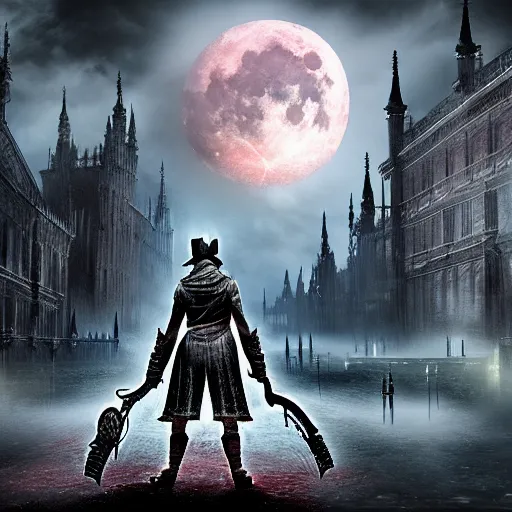 Image similar to bloodborne concept art, 4 k, painterly, large moon