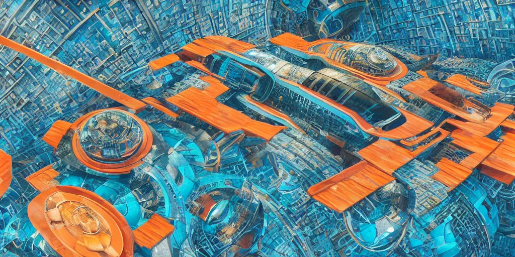 Prompt: cinematic still of hyper detailed realistic afro futurist spaceport designed by frank lloyd wright architect, retro flying aircraft cyborgs, deep perspective, wide angle, insanely detailed and intricate, teal gold and orange color scheme,