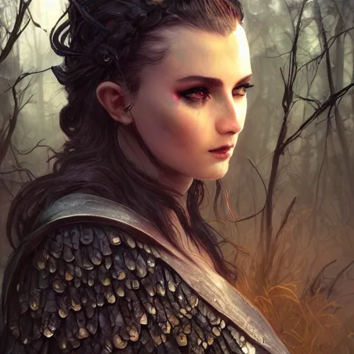 Image similar to cinematic side portrait witch, adventurer outfit large cloak, fantasy forest landscape, dragon scales in hair, supervillain, fantasy magic, undercut hairstyle, dark light night, intricate, elegant, sharp focus, illustration, highly detailed, digital painting, concept art, matte, art by WLOP and Artgerm and Greg Rutkowski and Alphonse Mucha, masterpiece