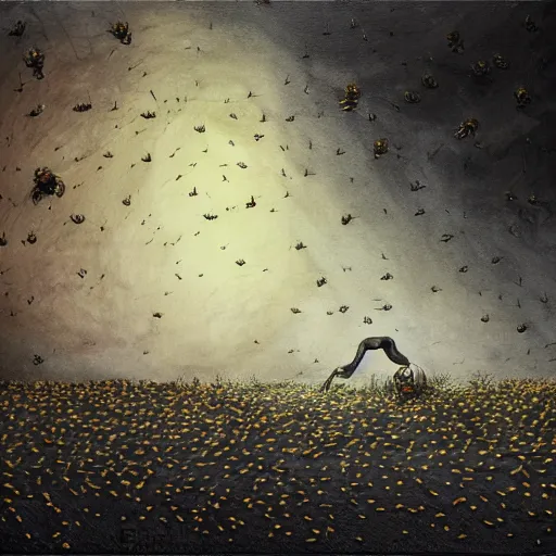 Image similar to painting of an ominous creepy corpse laying on the ground swarming with small bees, horror art, fantasy, digital art, mood lighting, dramatic, beautiful stunning artwork, dark environment, surreal, lifeless, trending on artstation, javascript enabled