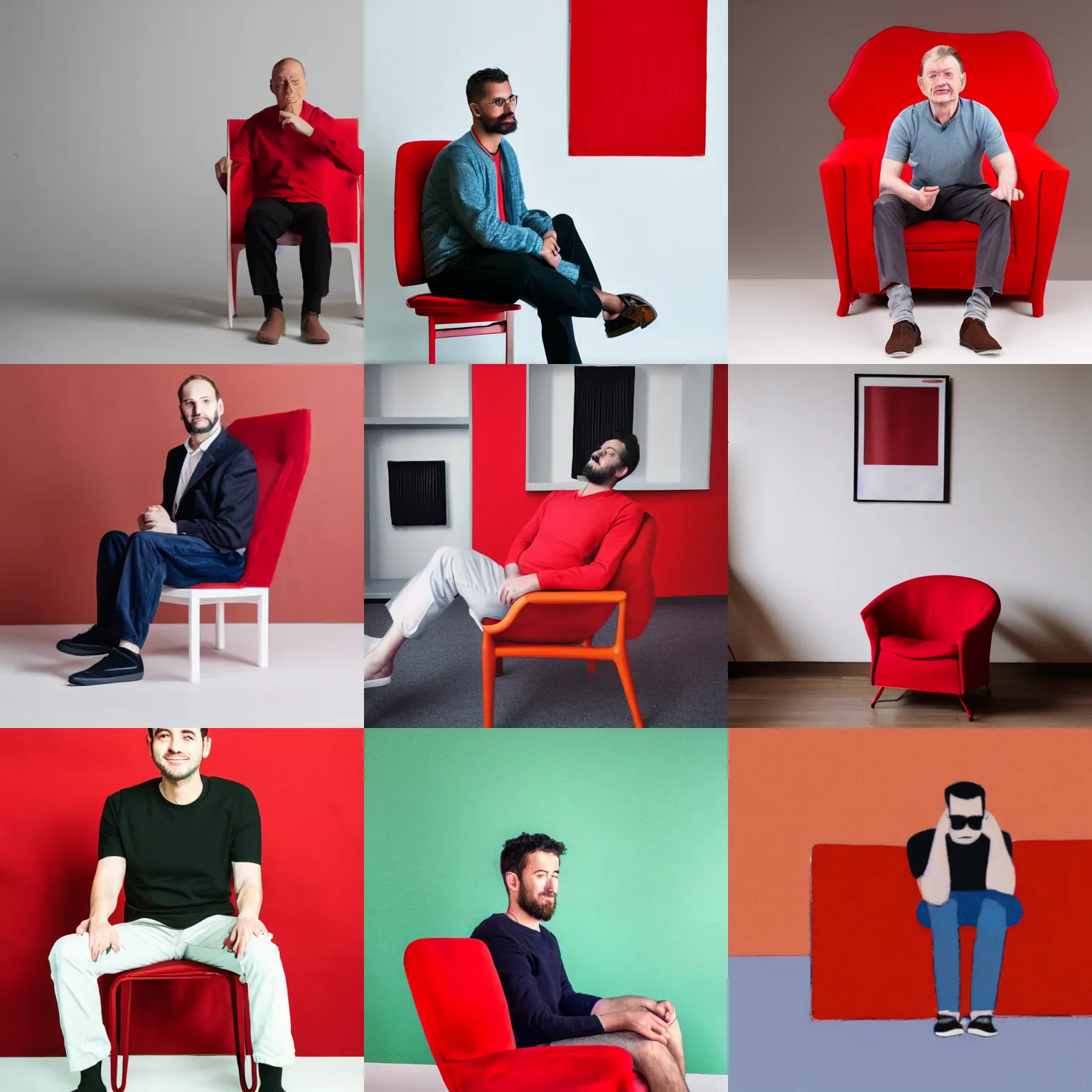 Prompt: a man sitting on the red chair, white background