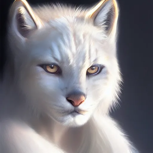 Image similar to beautiful realistic portrait of a person with white lynx head by artgerm, furry fantasy art