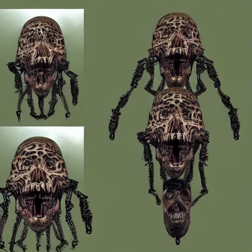 Prompt: Skull that look too much like skull!, crypt lurker!!, tormod’s crypt!!!, 8k CG character rendering of a spider-like hunting female on its back, fangs extended, wearing a leopard-patterned dress, set against a white background, with textured hair and skin.