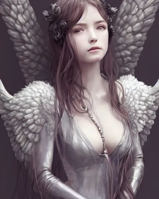 Image similar to an infinitely detailed portrait of a frail and pale female peace angel elegantly. fully - clothed full - body, beautiful! scenery art!! coherent! by wlop & murata range, victorian armor trim, cold color palette, artstation / pixiv!! elegantly armored angel portrait full - body, dreamy art