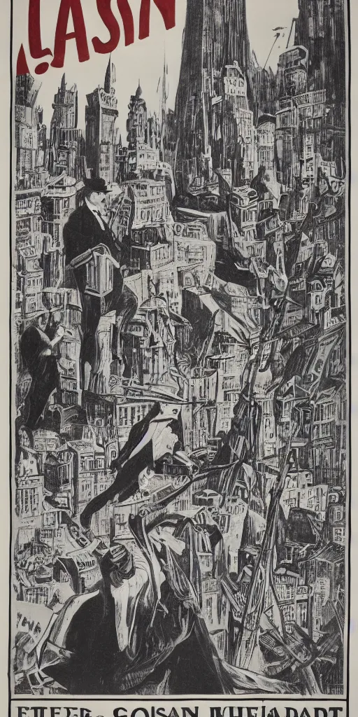 Image similar to 1 9 0 8 capitalism propaganda poster, black and white engraving on antique yellowed paper, with red ink used for emphasis, eastern european look, serious face of leader in the middle of poster, with intricate imagery of buildings and factories and laborers in the background