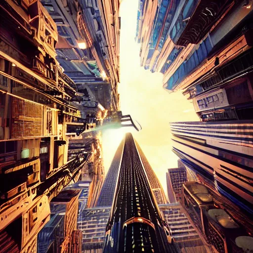 Image similar to giant robot sky scrapper tower, people live inside robot stomach, sci fi, Robotjox, style of The Fifth Element, crowds of people below looking up, George Lucas