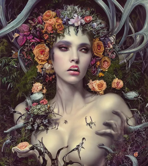 Image similar to portrait of the supreme queen of the dark cult, surrounded by skulls and overgrowth and dark flowers by WLOP, karol bak, James Jean, tom bagshaw, rococo, trending on artstation, cinematic lighting, hyper realism, octane render, 8k, hyper detailed.