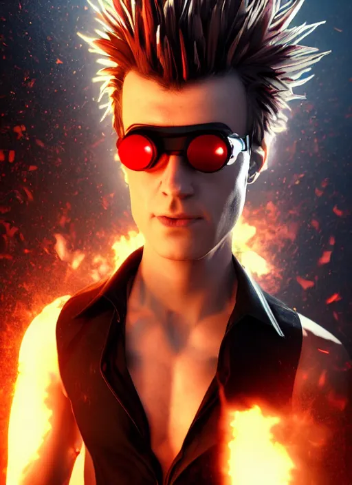 Image similar to An epic fantasy comic book style portrait painting of young man with long red spiked hair. Wearing a black waistcoat, white shirt, using googles. Blasting fire on his hands. Unreal 5, DAZ, hyperrealistic, octane render, cosplay, RPG portrait, dynamic lighting