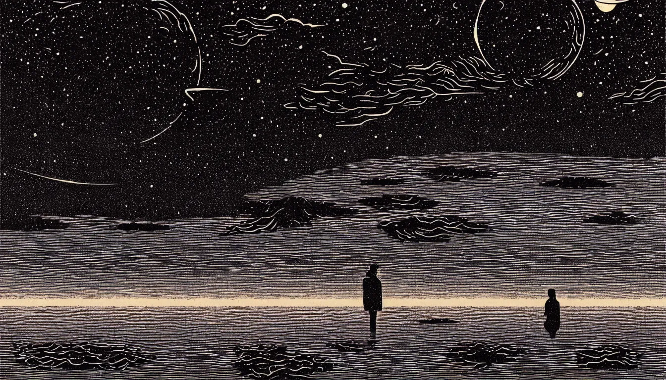 Image similar to standing in a lake looking at reflection of the night sky by woodblock print, nicolas delort, moebius, victo ngai, josan gonzalez, kilian eng