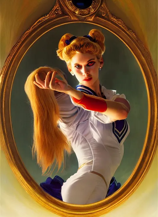 Prompt: perfectly centred portrait of sailor moon, looking in the mirror, in a business suit, futuristic, highly detailed, sharp focus, highly detailed painting by gaston bussiere, craig mullins, j. c. leyendecker 8 k