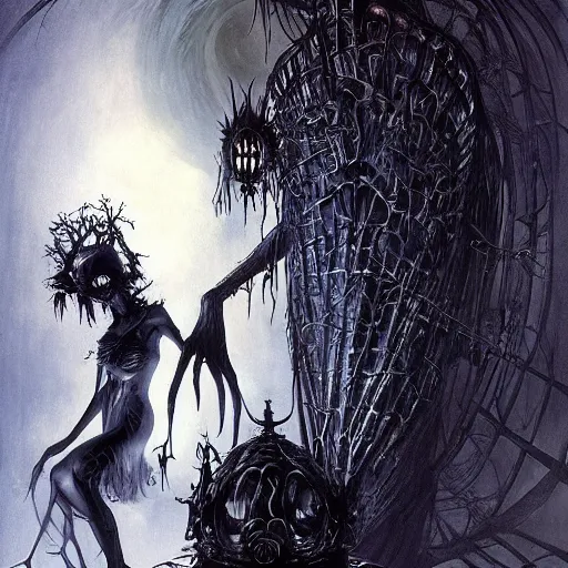 Image similar to the dark gothic creatures among our cosmos who roam the 7 th dimensional planes beyond life as we know it, it is fruitless to attempt contact these horrific souls who are omniously imprisoned, by yoshitaka amano by gerald brom by nekro borja by syd mead