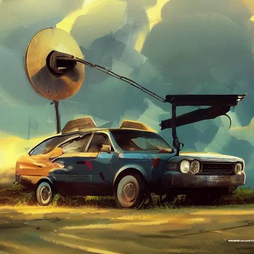 Image similar to A car with a giant fan attached to its hood pointing straight ahead , beautiful digital art, cinematic composition, detailed, concept art, Matt painting, oil painting, high res, norman rockwell artwork style,