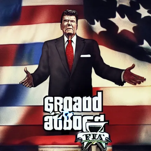 Prompt: “Ronald Reagan in GTA V, cover art by Stephen Bliss, Boxart, loadscreen”