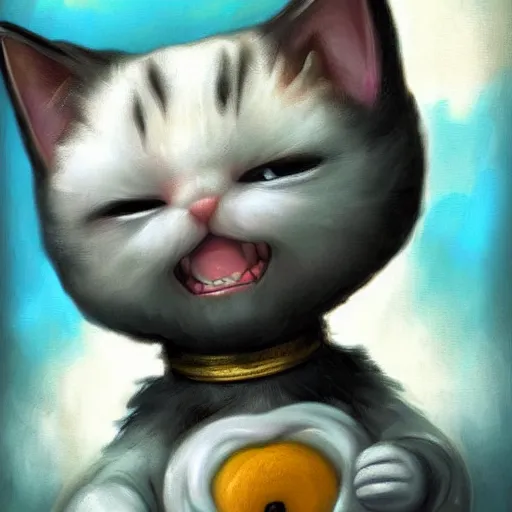 Prompt: a cute baby cat knight, smile, cute teeth, cute face, digital painting byRoss Tran and Mark Ryden, cute and lovely, high detail, nursery poster