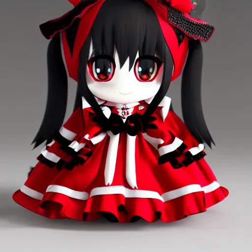 Image similar to cute fumo plush of a gothic maiden in a red and black uniform, laces and ribbons, soft shadow, anime girl, vray, white frame