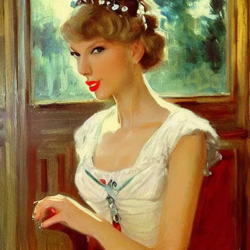 Image similar to Taylor Swift at the Russian ball, ballerina, 1950s, modest, elegant clothing, tiara, mild impressionism, award winning, photorealistic, by Ilya Repin