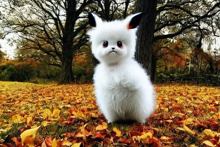 Image similar to real life pokemon, cute!!!, heroic!!!, adorable!!!, playful!!!, chubby!!! fluffly!!!, happy!!!, cheeky!!!, mischievous!!!, ultra realistic!!!, autumn, slight overcast weather, golden hour, sharp focus