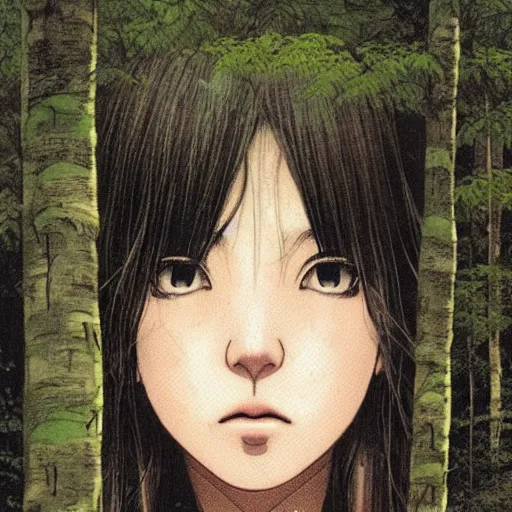 Image similar to detailed cute girl in a forest, style from asano inio, detailed face