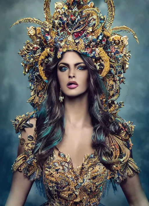 Image similar to expressive full body photo of a miss universe, ornate headpiece made from flowers, ornaments, glamour shot, by karol bak, by stefan gesell, photorealistic, canon r 3, fashion photography, hyper maximalist, elegant, ornate, luxury, elite, environmental portrait, symmetrical features, octane render, unreal engine, solid dark grey background, dramatic lights