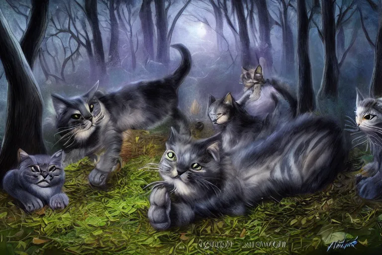 Prompt: cats clawing in the dark forest, dramatic, backlighting, trending on artstation, digital art, trending on furaffinity, by wayne mcloughlin