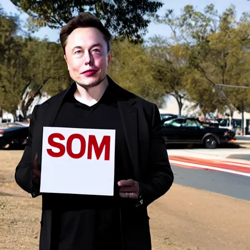 Prompt: a medium shot photograph of elon musk holding a sign with the word som on it, 4k, ultra HD