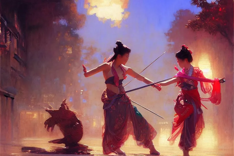 Image similar to wuxia, summer, neon light, painting by gaston bussiere, craig mullins, j. c. leyendecker