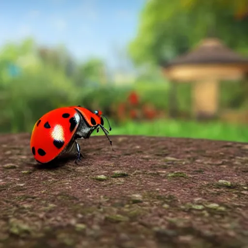 Prompt: A ladybug in the foreground with a blurry abandoned garden in background, intricate details, unreal engine, cinematic, hd