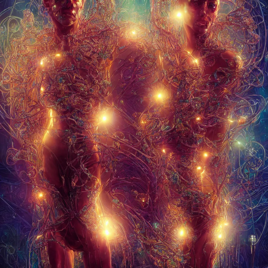 Prompt: extremely detailed cinematic movie still full body shot of 2 1 years old artist hyperreal skin face golden energy strings and neural networks art - nouveau style with sparkling crystals by denis villeneuve, wayne barlowe, simon birch, marc simonetti, philippe druillet, bright volumetric sunlight, rich moody colors, bokeh