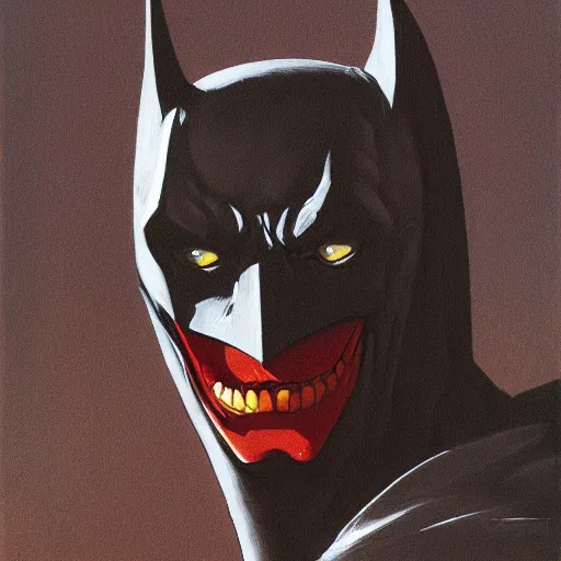 Image similar to Portrait of Batman Joker chimera, dc comics, dark, artstation, painted by Zdislav Beksinski