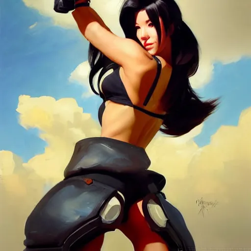 Image similar to Greg Manchess portrait painting o Tifa Lockheart as Overwatch character, medium shot, asymmetrical, profile picture, Organic Painting, sunny day, Matte Painting, bold shapes, hard edges, street art, trending on artstation, by Huang Guangjian and Gil Elvgren and Sachin Teng