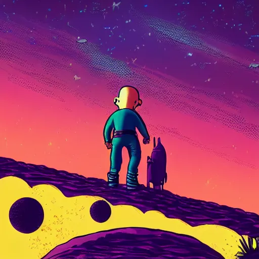 Image similar to Tintin at the moon, trending on artstation, synthwave