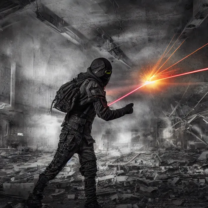 Image similar to gritty hooded apocalyptic man firing laser in destroyed airport, hyper - detailed, smooth, sharp focus, 4 k ultra hd, fantasy dark art, apocalyptic art