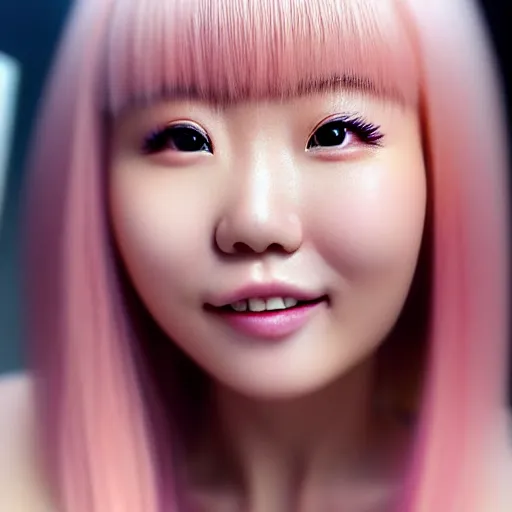 Prompt: beautiful hyperrealism selfie of nikki 苏 暖 暖 from shining nikki, a cute 3 d young woman smiling softly, long light pink hair and full bangs, flushed face, red blush, small heart - shaped face, soft features, amber eyes, chinese heritage, golden hour, 8 k, sharp focus, instagram