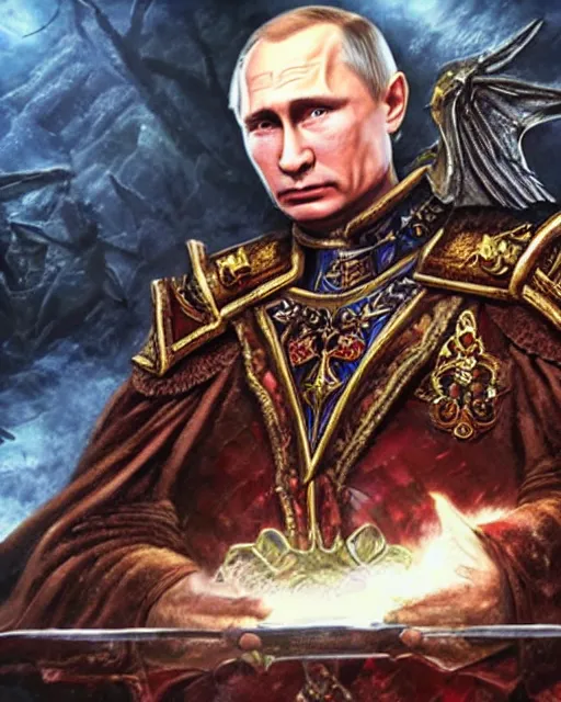 Image similar to Vladimir Putin, dressed as an evil Dungeon and Dragons wizard, on a Magic the Gathering card, high resolution photo,