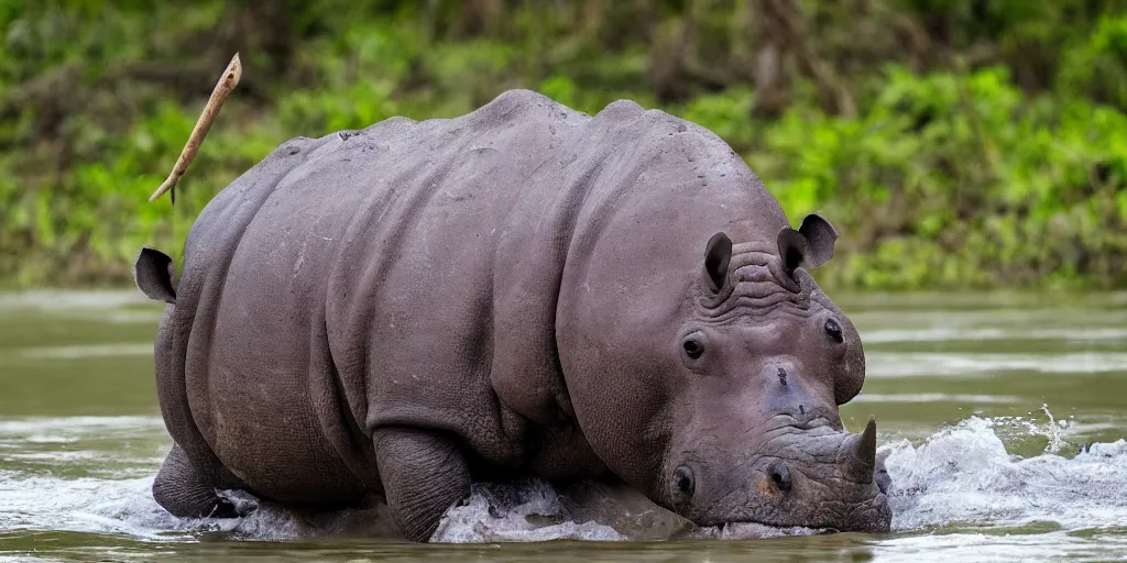 Image similar to hippo with a rhino horn, in a river in the jungle, extremely high fidelity, natural lighting