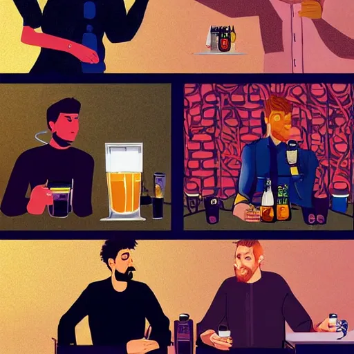 Image similar to detailed digital art of five male artists talking intelligently in a futuristic cyberpunk cafe while drinking beer in style of caravaggio, chiaroscuro, hieronymus bosch, tenebrism, blade runner, muted colors, 4 k