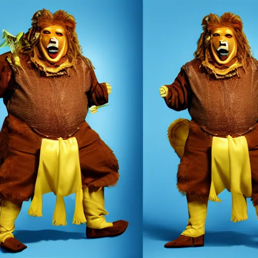 Image similar to snl chris farley as the cowardly lion of oz, studio poster photography, trending on artstation, featured on deviantart, award winning costume