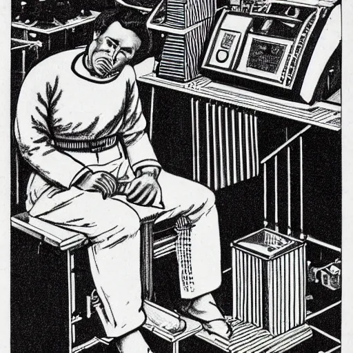 Image similar to a black and white drawing of a man in a lab, a mid - nineteenth century engraving by eduardo paolozzi, behance, les automatistes, concert poster, poster art, tarot card