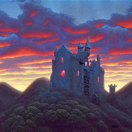 Image similar to haunted castle in a hill next to a giant valley, sunrise by gerald brom