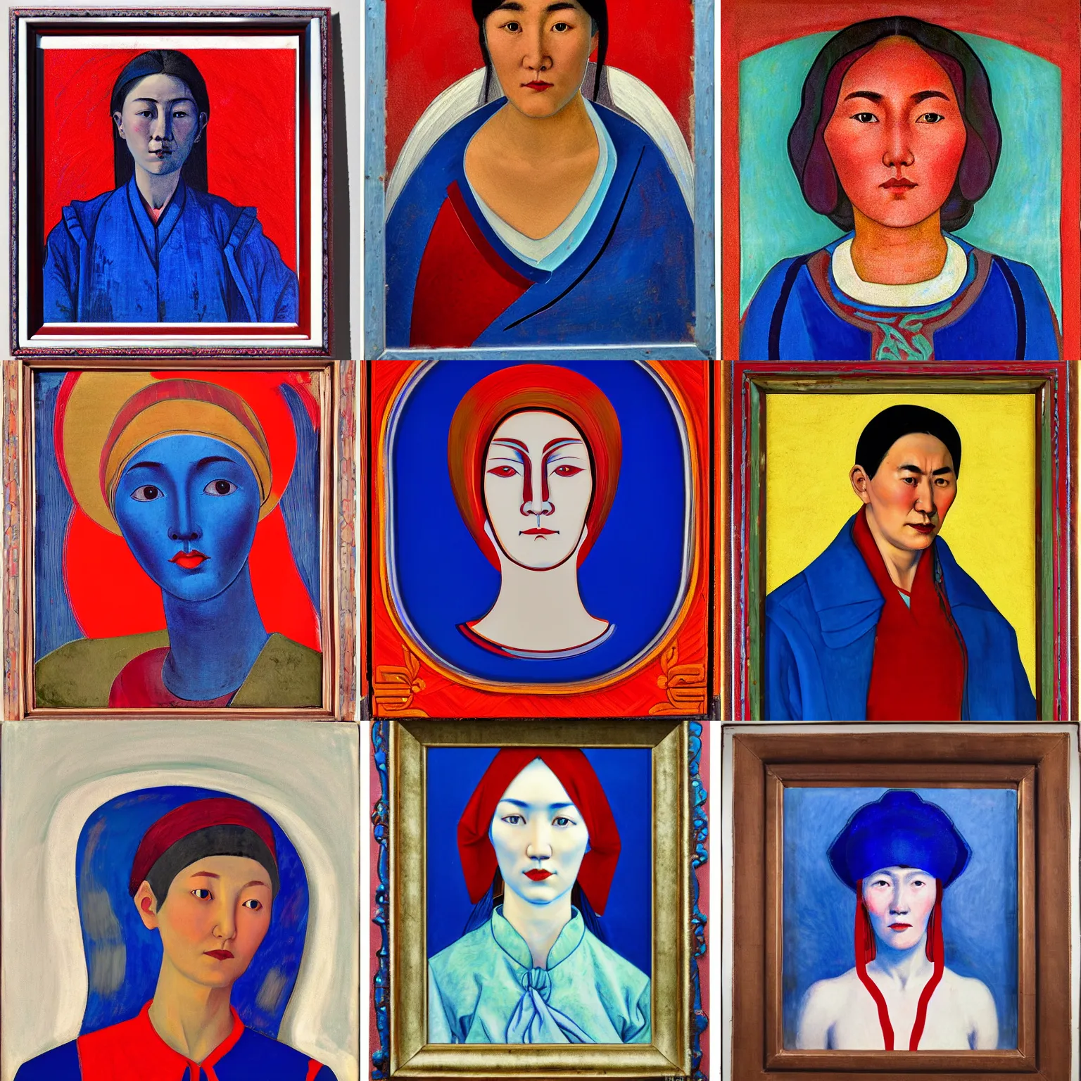 Prompt: three - quarters portrait in the kazakh realist style, cobalt blue, venetian red, titanium white, modeled lighting, expressive, art nouveau