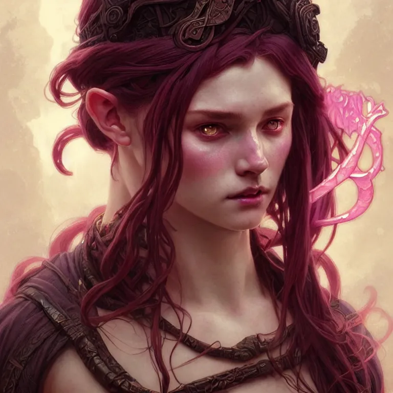 Prompt: a beautiful tiefling wizard with pink skin, brown curly hair, runic magic theme, intricate, sharp focus, illustration, highly detailed, digital painting, concept art, matte, art by wlop and artgerm and greg rutkowski and alphonse mucha, masterpiece